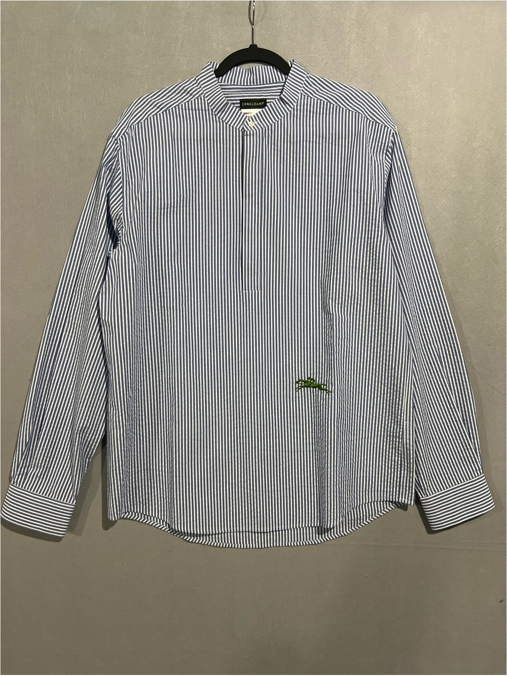 Longchamp Shirt Men’s Large Blue White Vertical Striped Band-Collar Long Sleeve - Picture 2 of 15